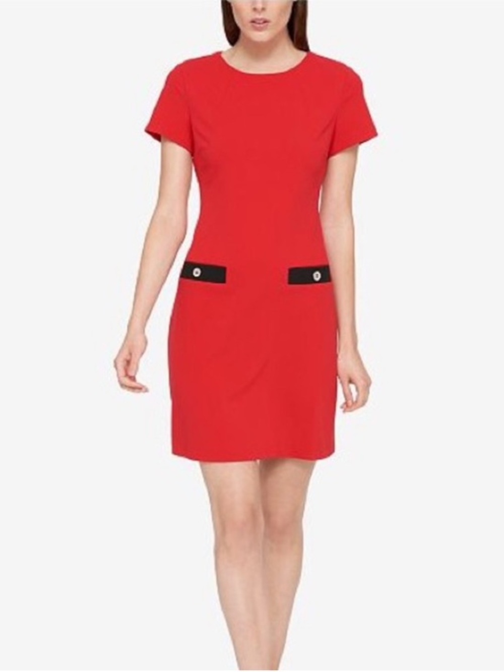 Tommy Hilfiger Red Short Sleeve Shift Dress with Contrast Black Faux Pockets 6